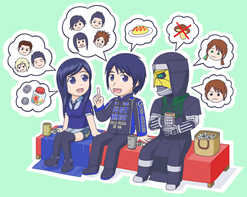 1boy 1girl :3 ^_^ animification basket black_hair blue_eyes blue_hair brown_hair candy closed_eyes cup deneb denebu engine_sentai_go-onger esumi_sousuke food gamel green_eyes grin ishihara_gunpei jou_hanto kamen_rider kamen_rider_den-o_(series) kamen_rider_ooo_(series) kazari kousaka_renn long_hair mezul mother&#039;s_day multicolored_hair omelet omurice open_mouth redol rouyama_saki sakurai_yuuto_(kamen_rider_den-o) short_shorts shorts side_ponytail sidelocks sitting smile solid_circle_eyes streaked_hair super_sentai teacup uva
