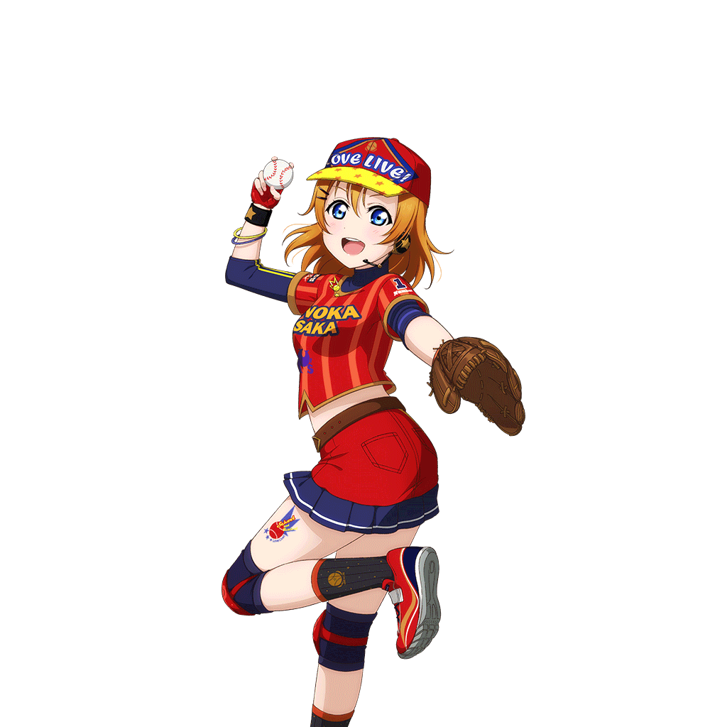 1girl ball baseball baseball_(love_live!) baseball_(object) baseball_cap baseball_glove baseball_uniform belt belt_buckle black_socks blue_eyes blush bracelet brown_belt brown_hair buckle feet_out_of_frame fingerless_gloves frilled_skirt frills from_side gloves hair_ornament hairpin hand_up hat headset holding holding_ball jewelry knee_pads kosaka_honoka leg_tattoo looking_at_viewer love_live! love_live!_school_idol_festival love_live!_school_idol_project midriff_peek miniskirt multiple_hairpins official_alternate_hairstyle official_art open_mouth orange_hair red_gloves red_shirt red_shoes red_skirt shirt shoes skirt smile socks solo sportswear standing standing_on_one_leg striped_clothes striped_shirt tattoo teeth three-quarter_sleeves transparent_background turtleneck two-tone_shirt upper_teeth_only vertical-striped_clothes wristband