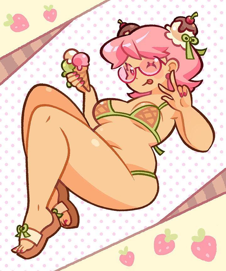 1girl :p bare_arms bare_legs bare_shoulders bikini blush_stickers breasts breasts_apart bright_pupils brown_sandals chair colored_lineart food food-themed_hair_ornament fruit full_body green_bikini green_ribbon hair_ornament hair_ribbon hands_up holding holding_food holding_ice_cream ice_cream medium_breasts medium_hair navel on_chair one_eye_closed original pink-framed_eyewear pink-tinted_eyewear pink_eyes pink_hair pink_nails plump polka_dot polka_dot_background ribbon round_eyewear sandals semi-rimless_eyewear solo standing standing_on_chair strawberry swimsuit tinted_eyewear tongue tongue_out under-rim_eyewear v white_pupils zompycat