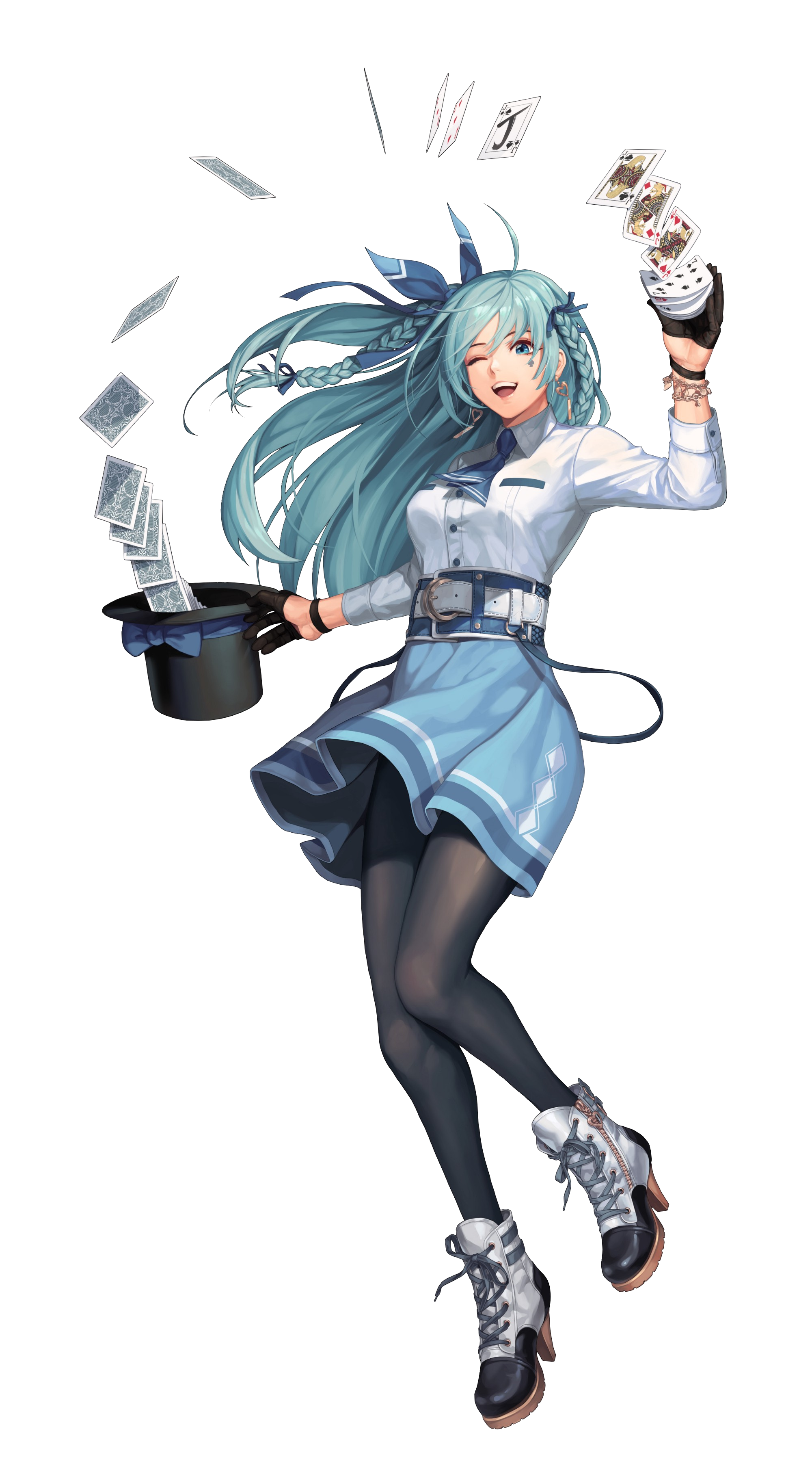 absurdres aqua_hair arm_up belt black_pantyhose black_survival blue_necktie blue_skirt braid card collared_shirt emma_hardy full_body gloves hair_between_eyes half_gloves hat highres holding holding_card long_hair necktie official_art pantyhose playing_card shirt skirt top_hat transparent_background white_shirt