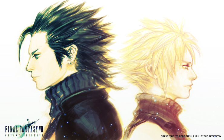 1990s_(style) 2boys back-to-back black_hair blonde_hair blue_eyes cloud_strife copyright_name final_fantasy final_fantasy_vii j_(onose1213) logo male_focus multiple_boys sleeveless sleeveless_turtleneck turtleneck zack_fair