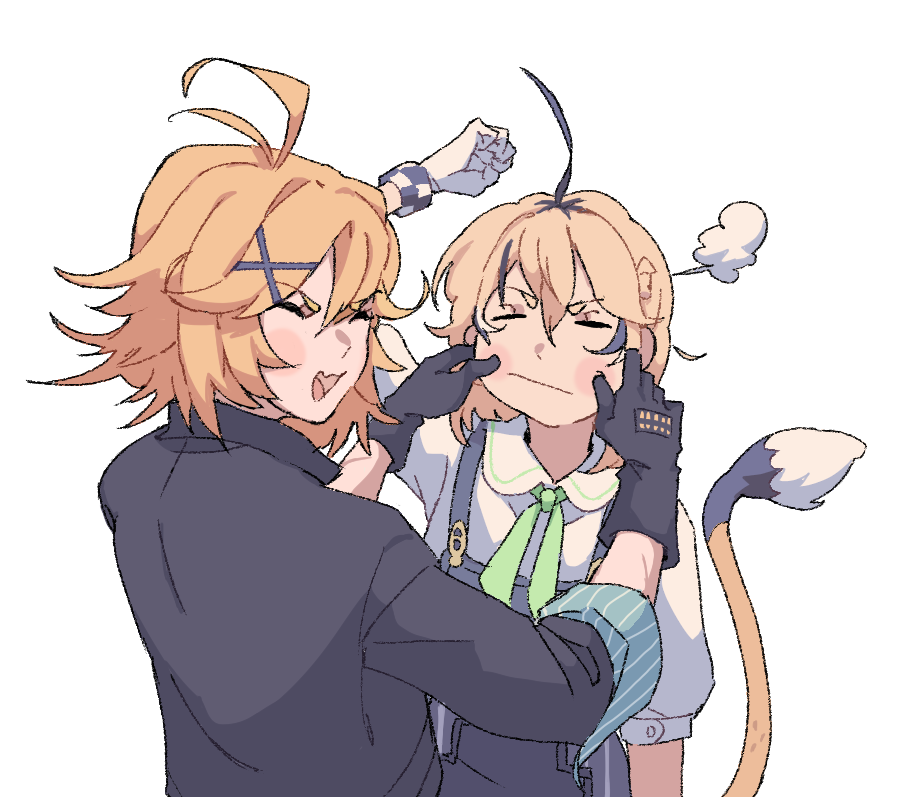 2girls addendium ahoge antenna_hair arm_up black_gloves black_hair black_jacket blonde_hair blue_overalls blush_stickers cheek_pinching clenched_hand closed_eyes closed_mouth commentary dokibird_(vtuber) dokibird_(vtuber)_(bounty_hunter) dooby_(vtuber) english_commentary facing_another fang gloves green_neckerchief hair_between_eyes hair_ornament hands_up indie_virtual_youtuber jacket jerboa_tail laughing mouse_girl multicolored_hair multiple_girls neckerchief open_mouth overalls pinching puff_of_air puffy_short_sleeves puffy_sleeves shirt short_hair short_sleeves simple_background skin_fang sleeves_rolled_up streaked_hair tail upper_body virtual_youtuber white_background white_gloves white_hair white_shirt x_hair_ornament