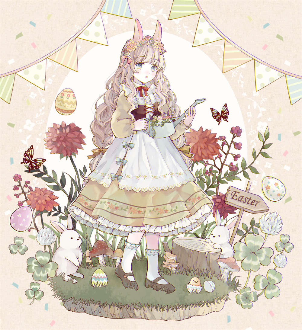 1girl :o animal animal_ears apron baby_animal bird black_socks blue_eyes blush bow braid brown_hair bug butterfly center_frills chick clover direction_board dress easter easter_egg egg faux_figurine floral_print flower four-leaf_clover frilled_dress frills full_body grass green_dress hair_bow hair_flower hair_ornament hair_over_shoulder head_wreath holding holding_watering_can insect long_hair long_sleeves looking_at_viewer mary_janes medium_dress mushroom open_mouth original puffy_long_sleeves puffy_sleeves rabbit rabbit_ears rearing red_bow shamrock shoes sidelocks sign socks solo standing tententuyu tree_stump twin_braids underbust waist_apron watering_can wavy_hair wavy_sidelocks white_rabbit_(animal) white_socks
