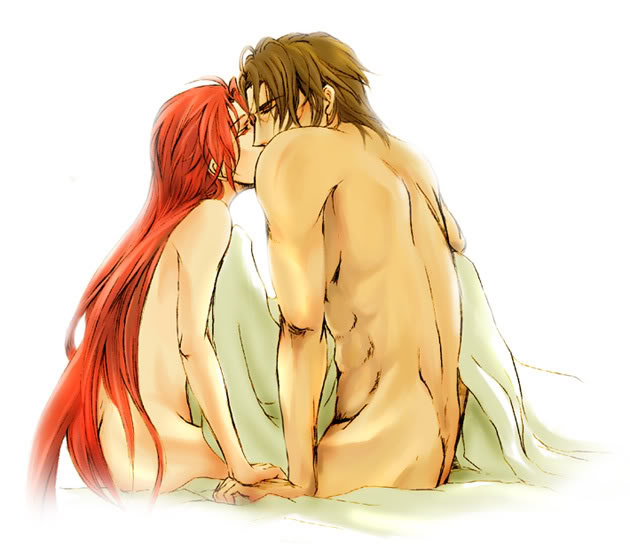 ass bare_back bed bed_sheet brown_hair closed_eyes couple fire_emblem fire_emblem:_path_of_radiance fire_emblem:_radiant_dawn haar_(fire_emblem) holding_hands jill_(fire_emblem) kiss long_hair midriff nintendo nude red_eyes red_hair short_hair sitting under_covers very_long_hair wyvern_rider