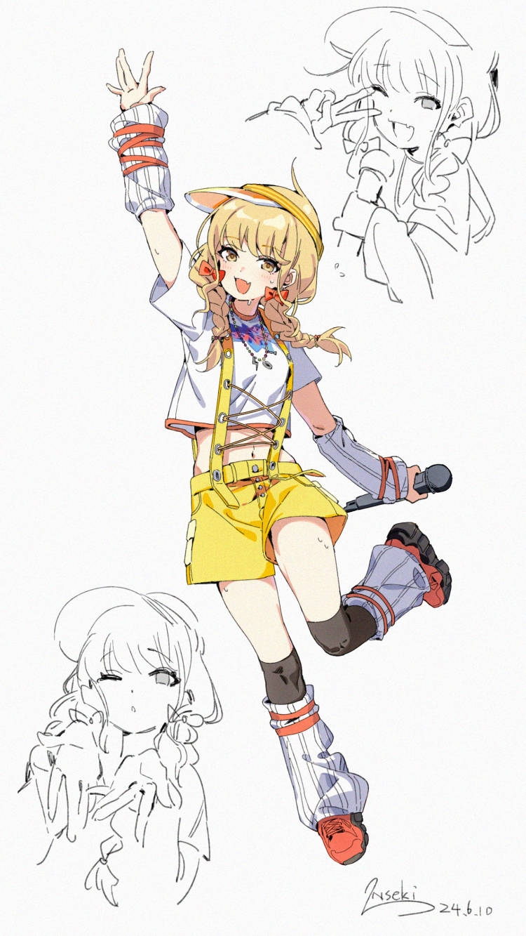 1girl arm_up arm_warmers black_socks blonde_hair bow braid chinese_commentary commentary_request crop_top dated fang fujita_kotone full_body gakuen_idolmaster hair_bow highres holding holding_microphone idolmaster inseki11 kneehighs leg_warmers low_twin_braids microphone multiple_views open_mouth orange_bow red_shoes ribbed_leg_warmers shirt shoes shorts signature simple_background skin_fang smile socks suspender_shorts suspenders sweat twin_braids v visor_cap white_background white_leg_warmers white_shirt yellow_big_bang!_(idolmaster) yellow_eyes yellow_shorts