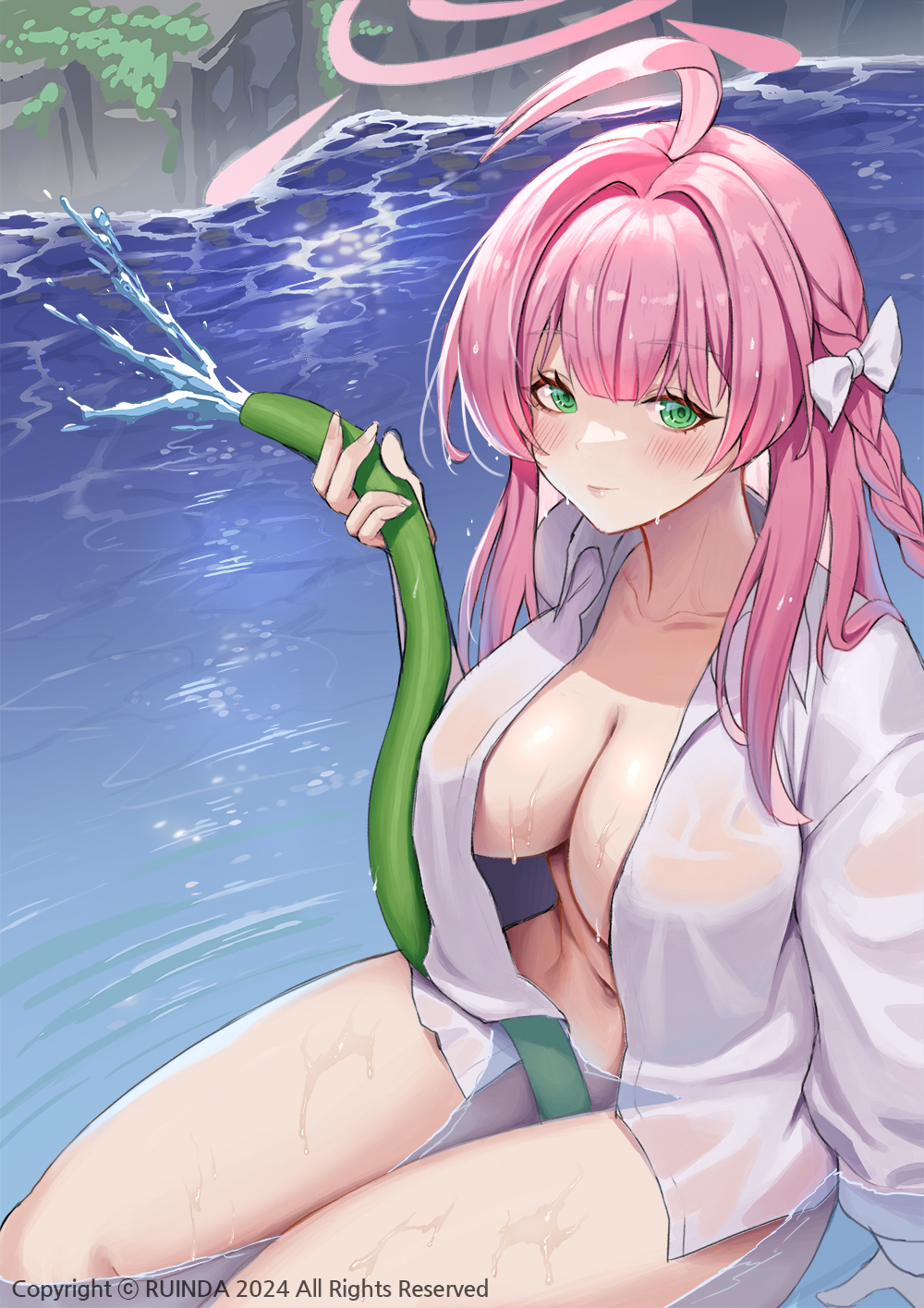 1girl ahoge artist_name blue_archive blush bow braid breasts cleavage closed_mouth collarbone collared_shirt commentary_request copyright_notice dated day english_text fingernails green_eyes hair_between_eyes hair_bow hair_intakes halo hanako_(blue_archive) hanako_(swimsuit)_(blue_archive) highres holding holding_hose hose korean_commentary large_breasts long_hair long_sleeves looking_at_viewer naked_shirt navel outdoors photoshop_(medium) pink_hair pink_halo ruinda shirt smile solo stomach thighs water white_bow white_shirt