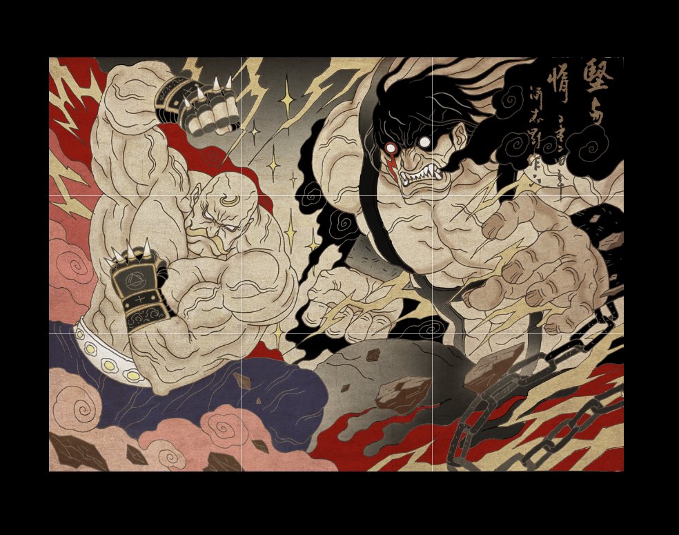 2boys alex_louis_armstrong antenna_hair black_hair blonde_hair chain chien_chih_kang clenched_hands facial_hair fighting fine_art_parody fullmetal_alchemist indigo_pants lightning multiple_boys muscular muscular_male mustache nihonga parody red_clouds sharp_teeth sloth_(fma) teeth ukiyo-e