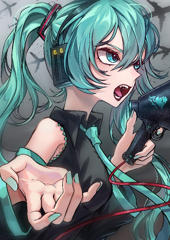 1girl aqua_eyes aqua_hair aqua_nails bare_shoulders breasts hatsune_miku headset holding holding_microphone koi_wa_sensou_(vocaloid) long_hair microphone necktie open_mouth ramika_(ramika0606) solo teeth tongue twintails vocaloid