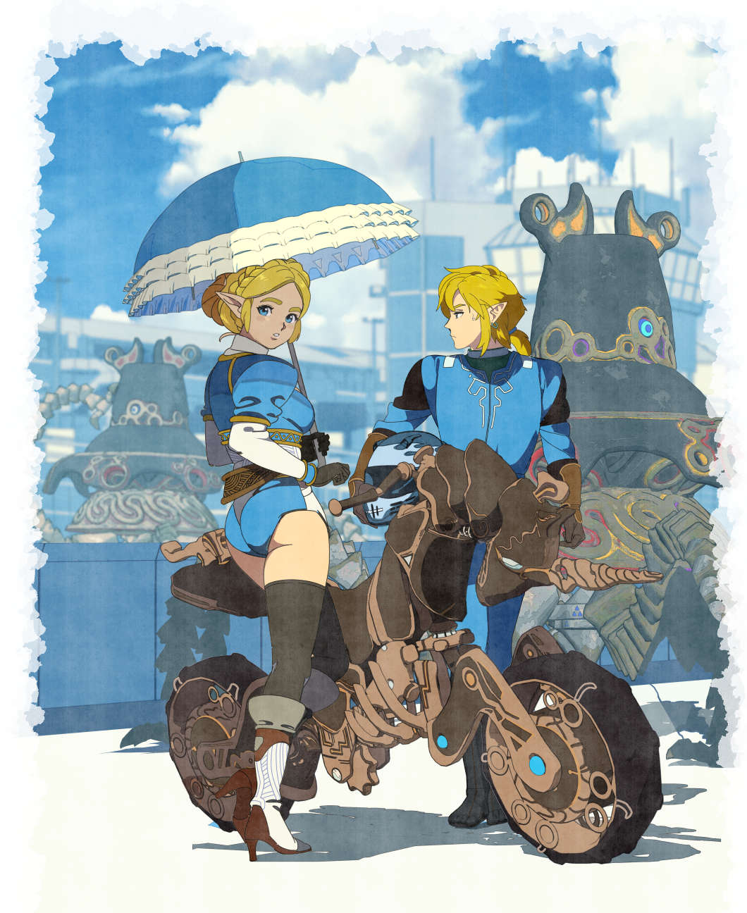 1boy 1girl ass biker_clothes bikesuit blonde_hair blue_eyes blue_tunic bodysuit edoya_inuhachi guardian_(zelda) helmet highres link mario_(series) mario_kart nintendo pointy_ears princess_zelda race_queen racing robot the_legend_of_zelda the_legend_of_zelda:_breath_of_the_wild the_legend_of_zelda:_tears_of_the_kingdom triforce tunic umbrella