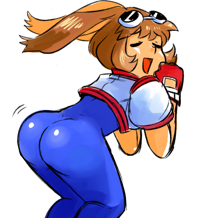 1girl animal_ears ass ass_shake blue_unitard bob_cut brown_hair closed_eyes cowboy_shot fingerless_gloves gloves goggles goggles_on_head jacket makihara_arina motion_lines pie_(aipiepo) rabbit_ears short_hair simple_background skin_tight solo waku_waku_7 white_background white_jacket
