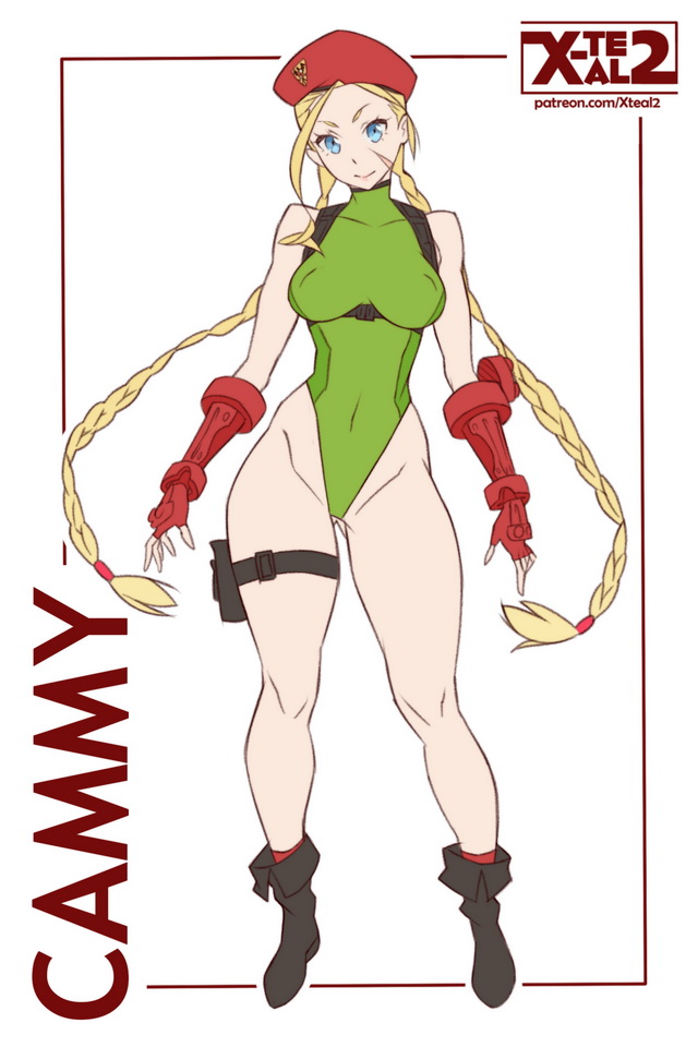 1girl antenna_hair artist_name beret blonde_hair blue_eyes boots braid breasts cammy_white character_name facial_mark female_focus fingerless_gloves flat_color full_body gloves hat highleg highleg_leotard holster leotard long_hair looking_at_viewer scar smile solo street_fighter thigh_holster twin_braids twintails watermark web_address white_background x-t3al