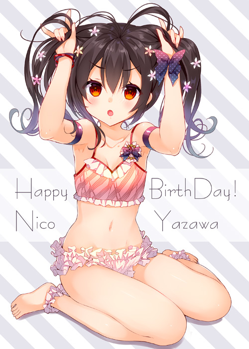 10s 1girl :o ankle_cuffs antenna_hair armband armpits barefoot birthday black_hair blush bow bra bracelet breasts bunching_hair character_name cinderella_bust cleavage collarbone diagonal_stripes feet female_focus frilled_bra frilled_panties frills full_body hair_between_eyes hair_ornament hands_up happy_birthday holding holding_own_hair jewelry looking_at_viewer love_live! love_live!_school_idol_project navel open_mouth panties parted_bangs polka_dot red_bra red_eyes shadow short_hair short_twintails sitting small_breasts solo striped_background striped_bra striped_clothes training_bra twintails underwear underwear_only wariza yadapot yazawa_nico