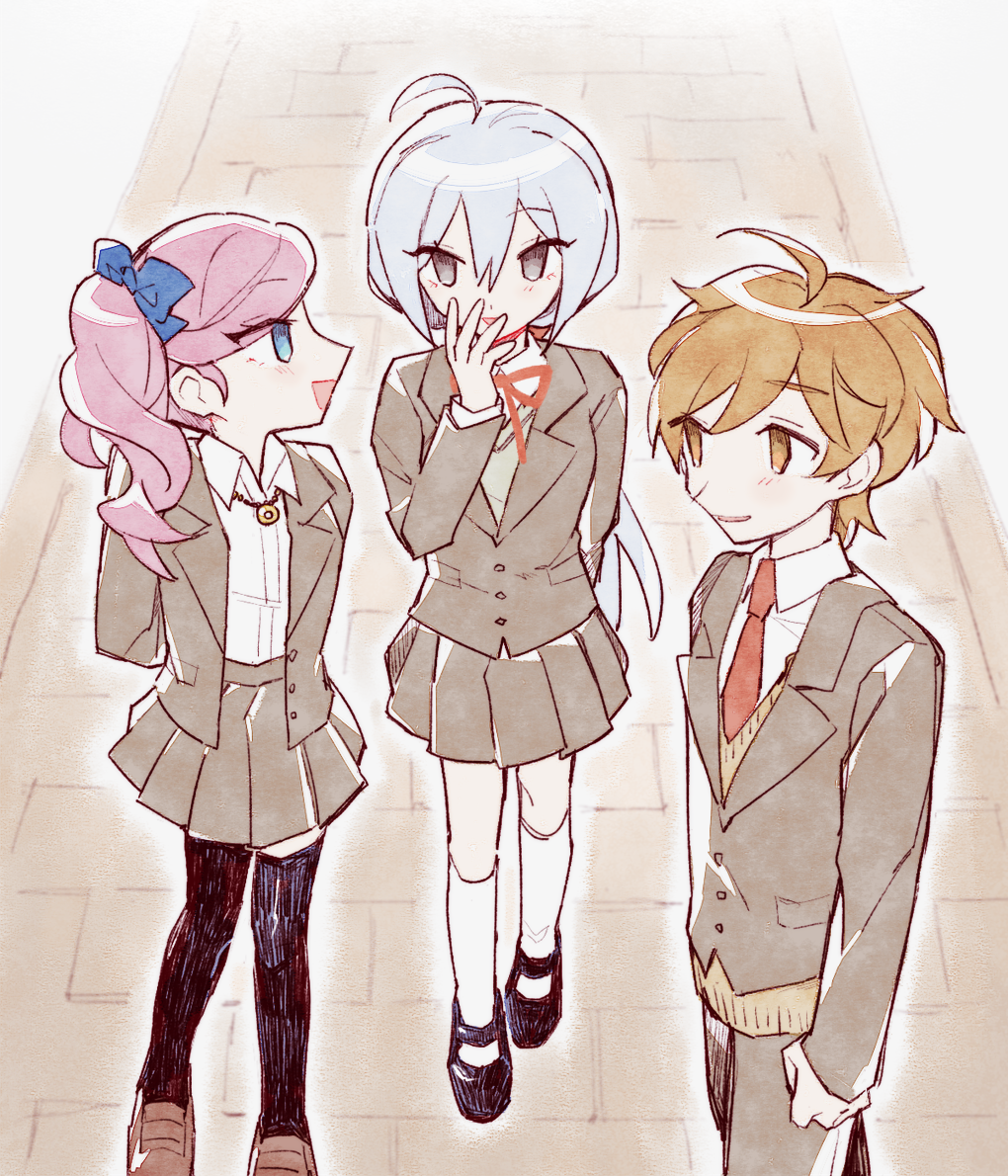 1boy 2girls ahoge arms_behind_back black_footwear black_thighhighs blazer blue_bow blue_eyes bow brick_road brown_eyes brown_footwear brown_jacket brown_pants brown_skirt buttons coin collared_jacket collared_shirt danganronpa_(series) danganronpa_another dot_nose dress_pants dress_shirt drill_hair eyelashes eyes_visible_through_hair feet_out_of_frame full_body grey_vest hair_between_eyes hair_bow hair_ornament hair_scrunchie hand_on_own_chin holed_coin hope&#039;s_peak_academy_school_uniform jacket jewelry kabuya_yoruko katasu_yasumi kneehighs lapels light_blush long_hair long_sleeves looking_at_another low_ponytail maeda_yuki mary_janes messy_hair miniskirt multiple_girls neck_ribbon necklace necktie notched_lapels open_clothes open_jacket open_mouth orange_eyes orange_hair outline pants pink_hair pleated_skirt pocket ponytail red_necktie red_ribbon red_scrunchie ribbon school_uniform scrunchie shirt shoes short_hair skirt sleeves_past_wrists smile socks sora_(super_danganronpa_another_2) super_danganronpa_another_2 sweater_vest talking thighhighs uwabaki v-neck very_long_hair vest walking white_hair white_outline white_shirt white_socks yellow_vest