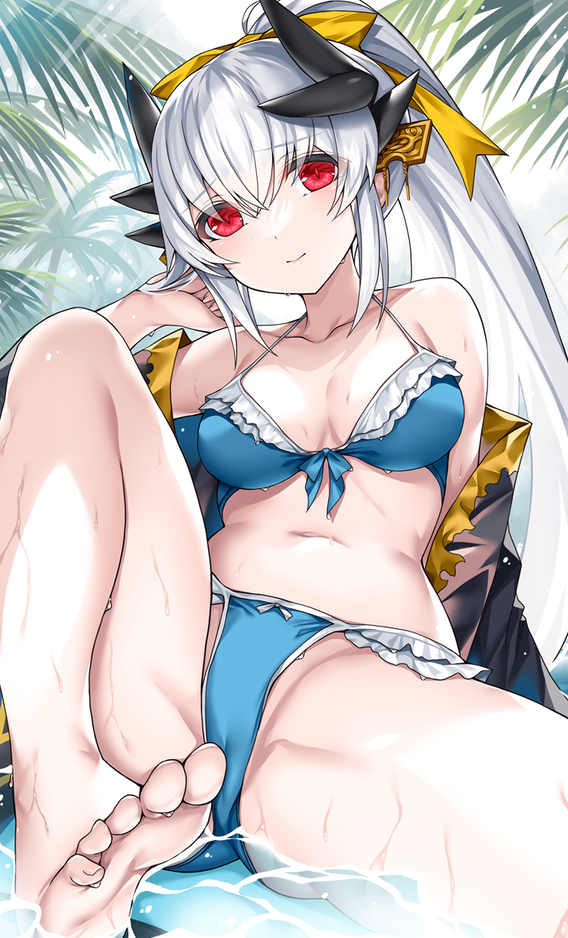 1girl bare_shoulders barefoot bikini blue_bikini blush breasts cleavage closed_mouth collarbone commentary_request dragon_girl dragon_horns fate/grand_order fate_(series) feet hair_ornament highres horns kiyohime_(fate) large_breasts long_hair long_sleeves looking_at_viewer morizono_shiki navel off_shoulder ponytail red_eyes sitting smile solo stomach swimsuit thighs toes water wet white_hair