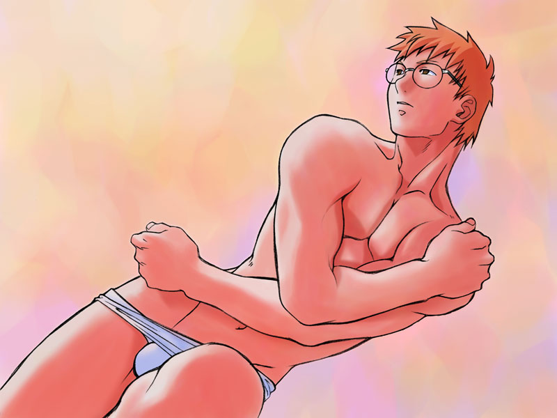 1boy bara briefs glasses justice_gakuen kagami_kyousuke male_focus male_underwear masanori red_hair simple_background solo underwear white_briefs