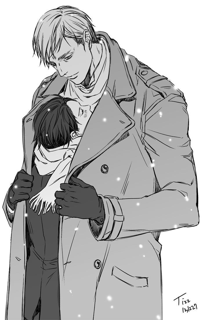 2boys closed_eyes closed_mouth coat commentary_request erwin_smith gloves head_back lapels levi_(shingeki_no_kyojin) long_sleeves looking_at_another male_focus multiple_boys notched_lapels parted_bangs ringtomato scarf shared_clothes shared_coat shingeki_no_kyojin short_hair signature simple_background smile snowing standing white_background yaoi