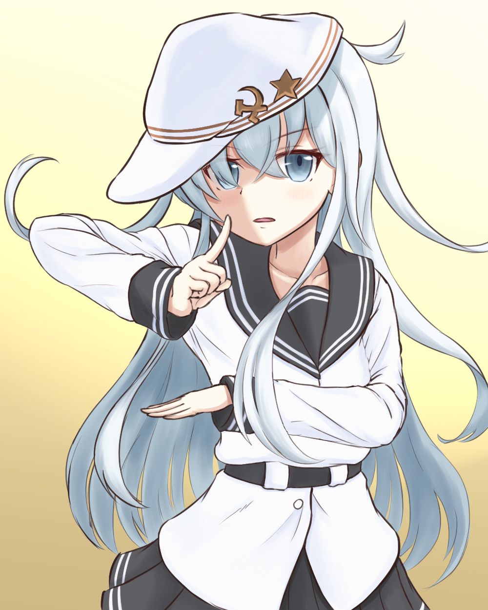 1girl black_skirt gradient_background grey_eyes grey_hair hair_between_eyes hammer_and_sickle hat hibiki_(kancolle) highres ichimai_(apieceof_ray151) kantai_collection long_hair long_sleeves looking_at_viewer pleated_skirt school_uniform serafuku simple_background skirt solo verniy_(kancolle) white_hat yellow_background
