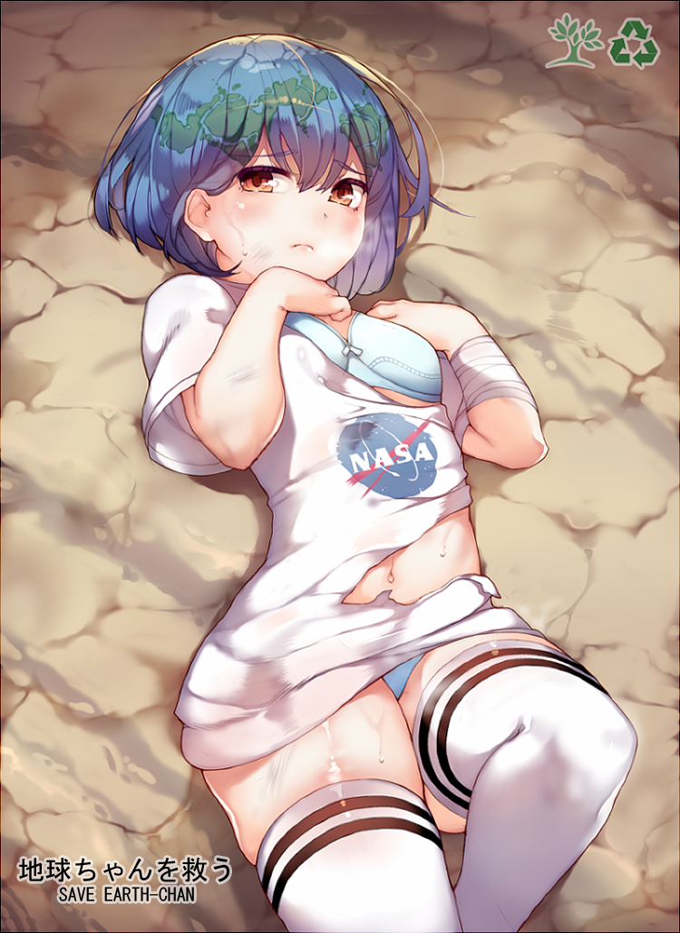 1girl arrow_(symbol) bandaged_arm bandages blue_bra blue_hair blue_panties bra breasts brown_eyes closed_mouth commentary earth-chan english_text female_focus green_hair hands_up kimoshi logo looking_at_viewer lying multicolored_hair nasa nasa_logo navel on_back original panties pantyshot print_shirt recycling_symbol shirt short_hair short_sleeves small_breasts solo thighhighs torn_clothes torn_shirt translated tree two-tone_hair underwear white_shirt white_thighhighs