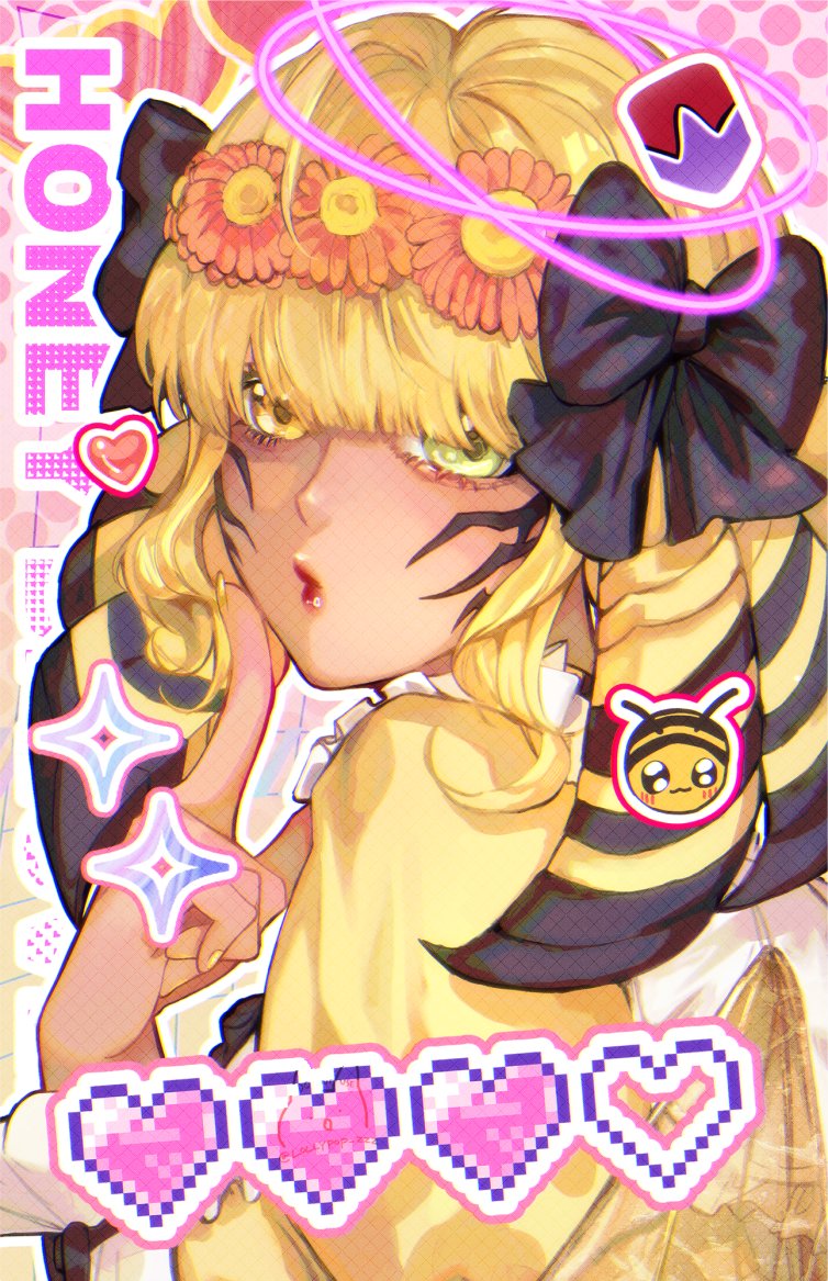 1girl arthropod_girl bee bee_girl bee_wings black_bow blonde_hair bow bug character_name dotted_background facial_mark final_fantasy final_fantasy_xiv finger_to_cheek flower frills green_eyes hair_bow hair_flower hair_ornament hand_up heart heterochromia honey_b._lovely hyur index_finger_raised insect insect_girl insect_wings lollypop_zzz looking_at_viewer medium_hair multicolored_hair nail_polish pink_background pixel_heart portrait puckered_lips solo two-tone_hair wings yellow_eyes yellow_nails yellow_wings