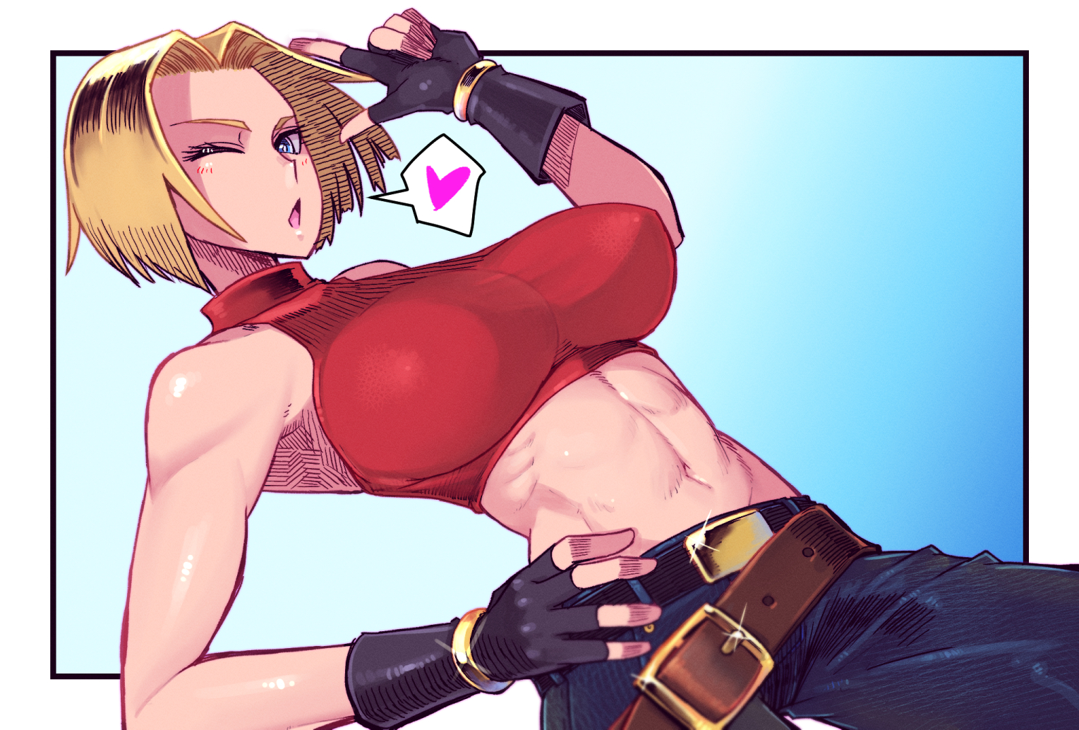 1girl :o abs bare_shoulders belt belt_buckle blonde_hair blowing_kiss blue_eyes blue_mary breasts buckle covered_erect_nipples crop_top diffraction_spikes dutch_angle finger_gun fingerless_gloves forehead from_below glint gloves gold hair_intakes hand_on_own_hip heart large_breasts looking_at_viewer loose_belt medium_hair midriff misonou_hirokichi muscular muscular_female navel ok_sign one_eye_closed open_mouth outside_border parted_hair puckered_lips shirt simple_background sleeveless_turtleneck_crop_top speech_bubble spoken_heart straight_hair taut_clothes taut_shirt the_king_of_fighters turtleneck_crop_top wink
