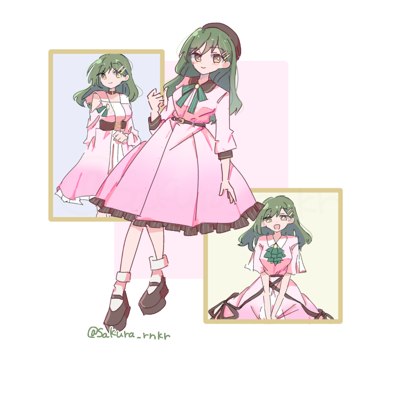 1girl :d alternate_costume ascot beret blue_background blush border breasts brown_eyes brown_hat closed_mouth clothing_cutout collared_dress commentary_request dream_believers dress frilled_dress frilled_sleeves frills green_ascot green_hair green_ribbon hair_ornament hairclip hat link!_like!_love_live! long_hair long_sleeves looking_at_viewer love_live! medium_breasts medium_dress multiple_views neck_ribbon ogami_sachi open_mouth outside_border pink_background pink_dress pinstripe_ribbon ribbon sakura_rnkr short_sleeves shoulder_cutout smile straight_hair swept_bangs transparent_border yellow_background