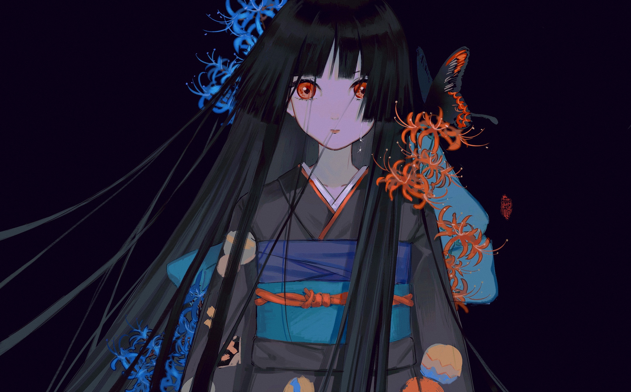1girl black_background black_hair black_kimono blue_flower blue_spider_lily blunt_bangs bug butterfly closed_mouth enma_ai flower highres hime_cut houraisan_chouko insect japanese_clothes jigoku_shoujo kimono long_hair looking_at_viewer obi red_eyes sash spider_lily tears very_long_hair