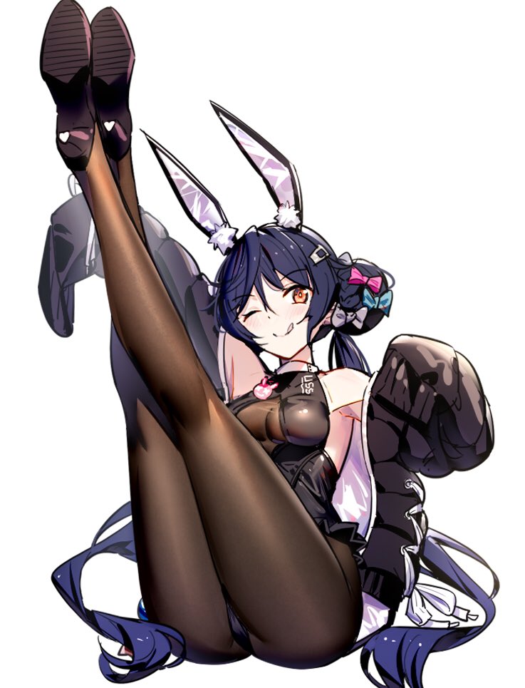1girl ;q allen_m._sumner_(azur_lane) allen_m._sumner_(charming_rabbit)_(azur_lane) animal_ear_fluff animal_ears arm_up azur_lane bare_shoulders black_hair black_jacket black_leotard black_shoes blue_bow blush bow breasts brown_pantyhose closed_mouth commentary_request copyright_request crossed_legs double_bun full_body hair_bow hair_bun heart high_heels jacket legs_up leotard long_sleeves medium_breasts official_alternate_costume one_eye_closed open_clothes open_jacket pantyhose pink_bow rabbit_ears ririko_(zhuoyandesailaer) see-through_clothes shoe_soles shoes simple_background sleeves_past_fingers sleeves_past_wrists smile solo tongue tongue_out twintails white_background white_bow