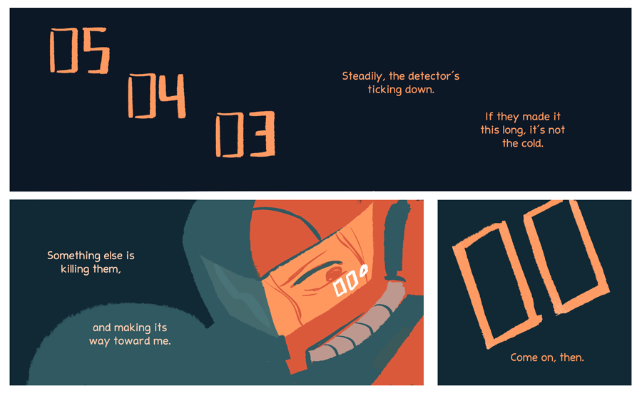 comic countdown covered_face dark english_text furrowed_brow gigi_d.g. heads-up_display helmet metroid nintendo one_eye_visible power_suit_(metroid) samus_aran solo user_interface varia_suit