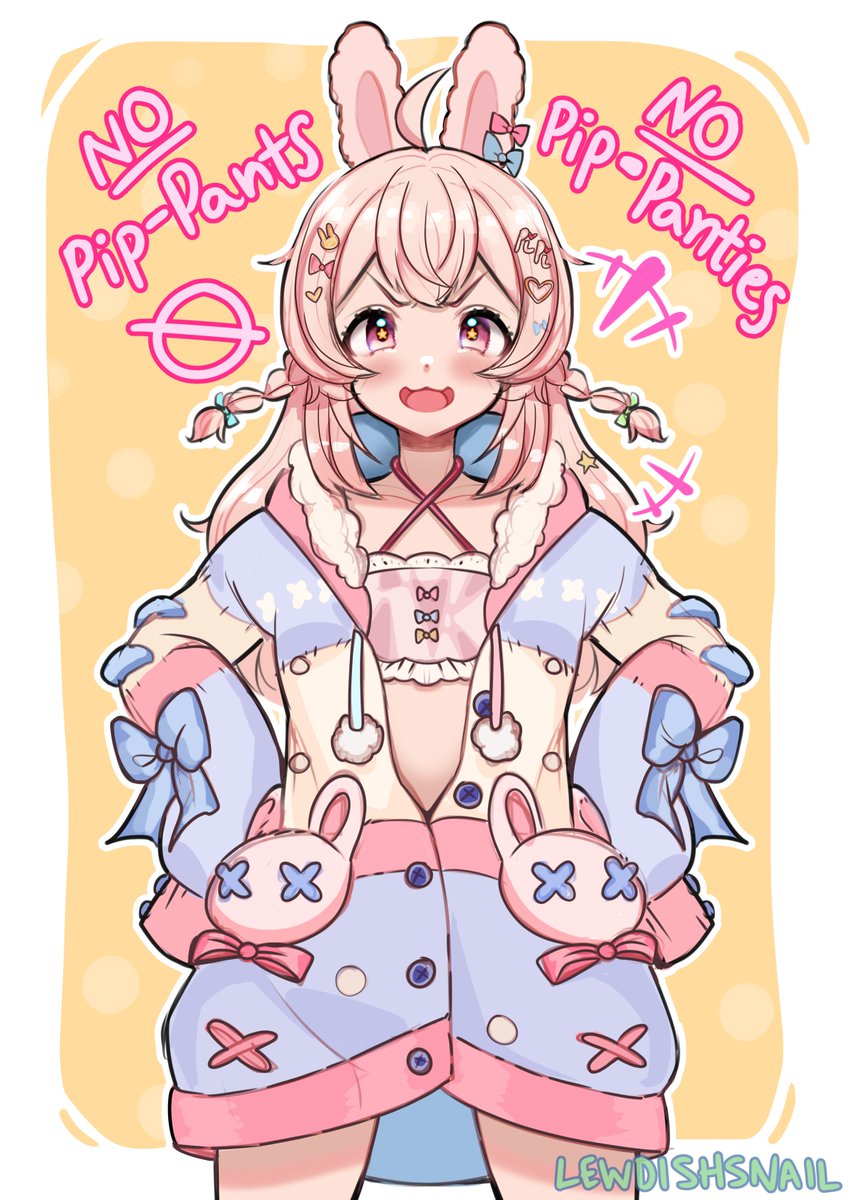 1girl ahoge artist_name blush braid english_text highres lewdishsnail looking_at_viewer phase_connect pink_hair pipkin_pippa rabbit_ears solo tagme unbuttoned virtual_youtuber