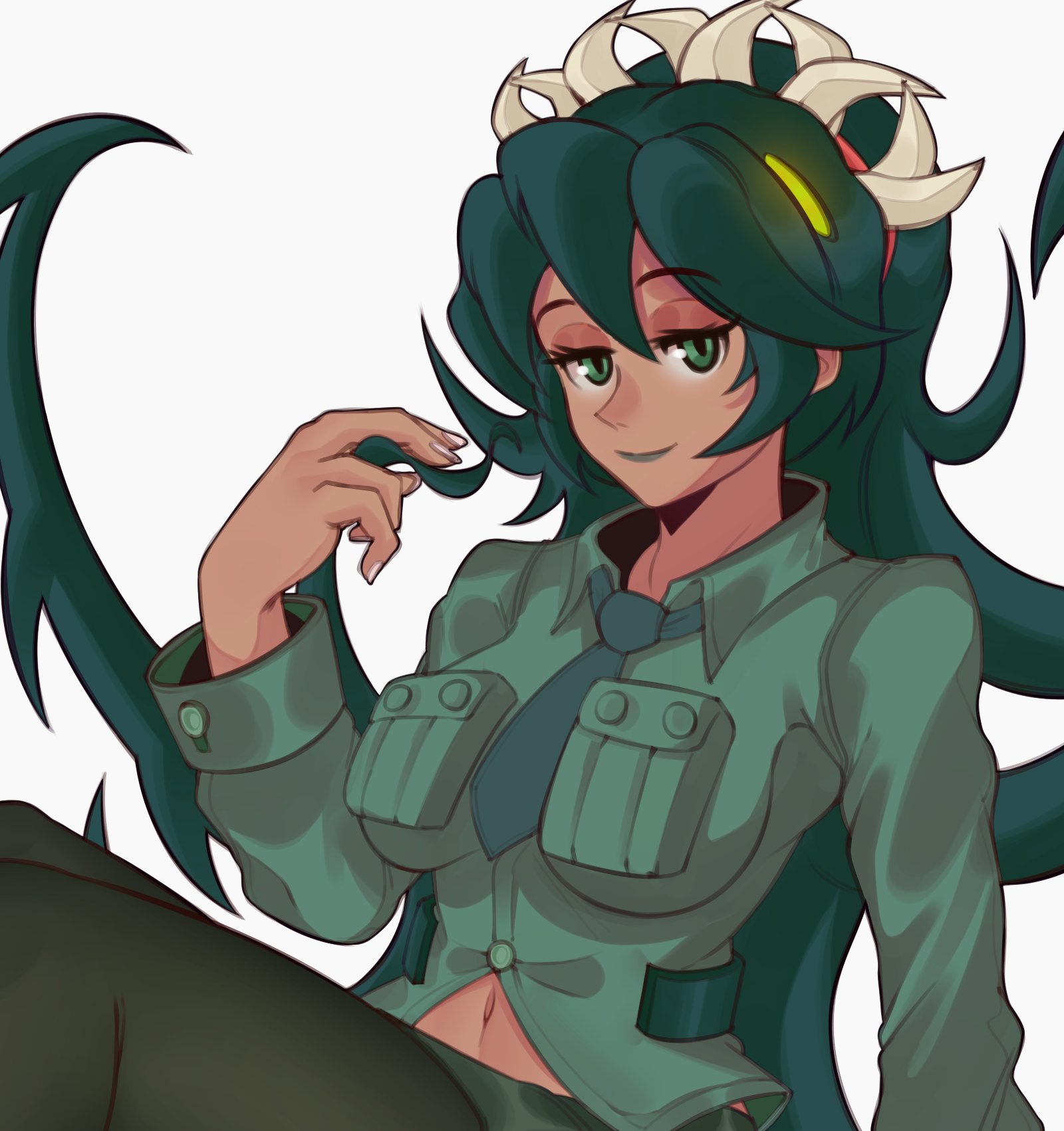 1girl dark-skinned_female dark_skin female_focus fujimna fukua_(skullgirls) green_eyes green_hair green_lips half-closed_eyes highres lipstick looking_at_viewer makeup navel necktie playing_with_own_hair school_uniform shamone_(skullgirls) sharp_teeth skullgirls smile solo teeth thighhighs white_background yellow_eyes