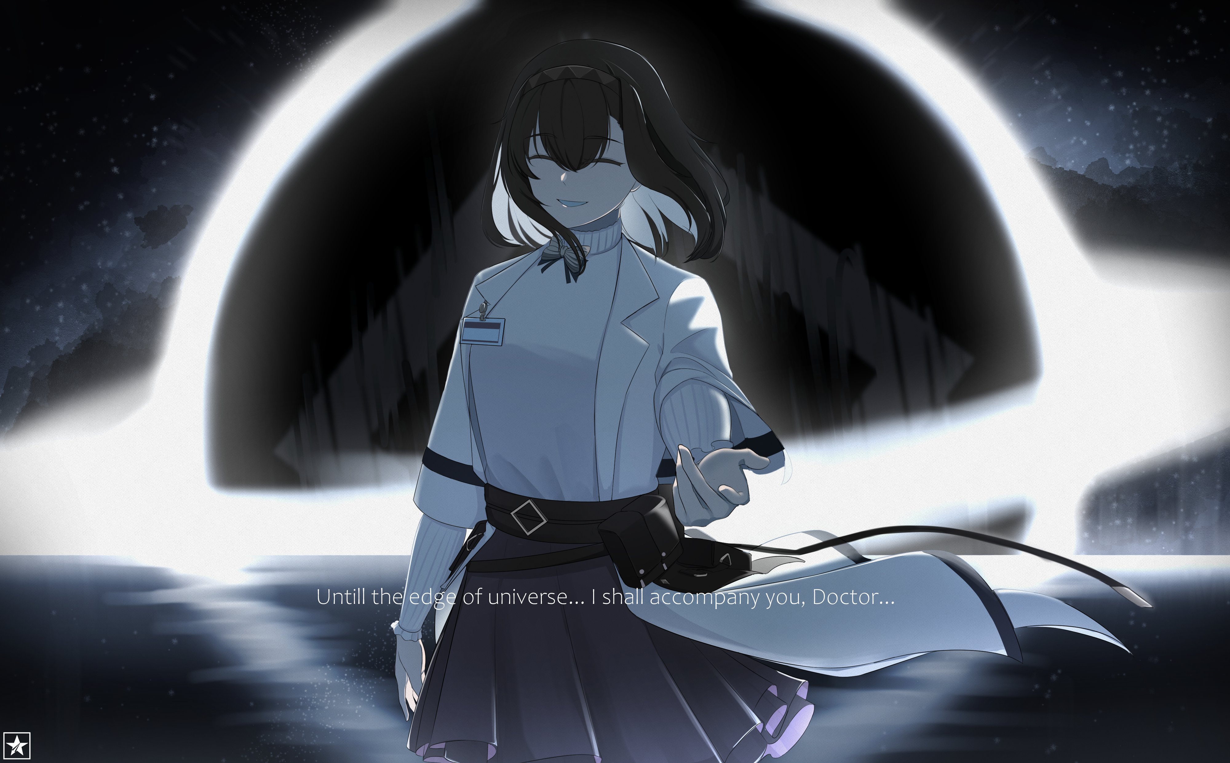 1girl :d ^_^ absurdres arknights arm_at_side backlighting black_hair black_hairband black_skirt black_sun bow bowtie closed_eyes cowboy_shot facing_viewer grey_bow grey_bowtie grin hair_between_eyes hairband highres krovi_1708 light_particles long_sleeves medium_hair open_mouth outstretched_arm outstretched_hand pouch priestess_(arknights) reaching reaching_towards_viewer skirt smile solo standing star_(symbol) sun sweater traditional_bowtie turtleneck turtleneck_sweater white_sweater wind
