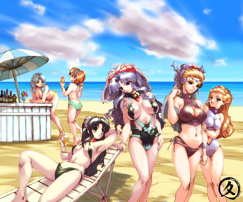 1990s_(style) 6+girls beach bikini black_hair blonde_hair blue_eyes blue_hair breasts cloud day el_hazard grey_eyes hisahiko ifurita ifurita_tv jinnai_nanami large_breasts long_hair medium_breasts miz_mishtal multiple_girls ocean orange_hair outdoors purple_eyes purple_hair rune_venus side-tie_bikini_bottom sky swimsuit