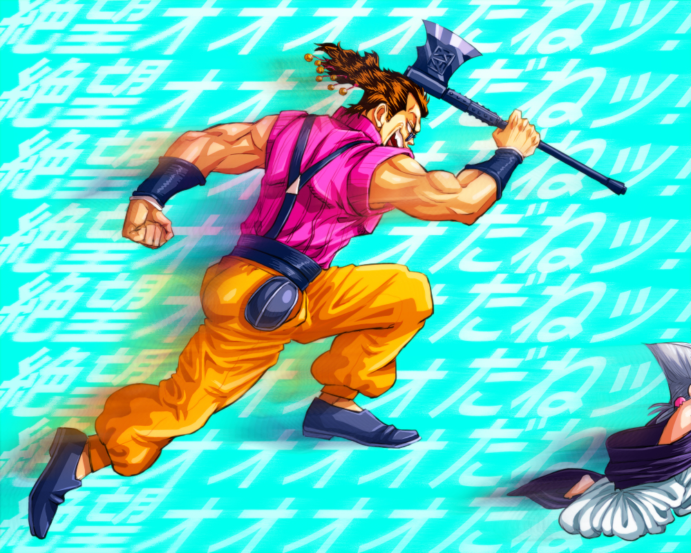 2boys aged_down alessi axe bell c-7_(assate) chasing flattop hair_bell hair_ornament jean_pierre_polnareff jojo_no_kimyou_na_bouken multiple_boys weapon