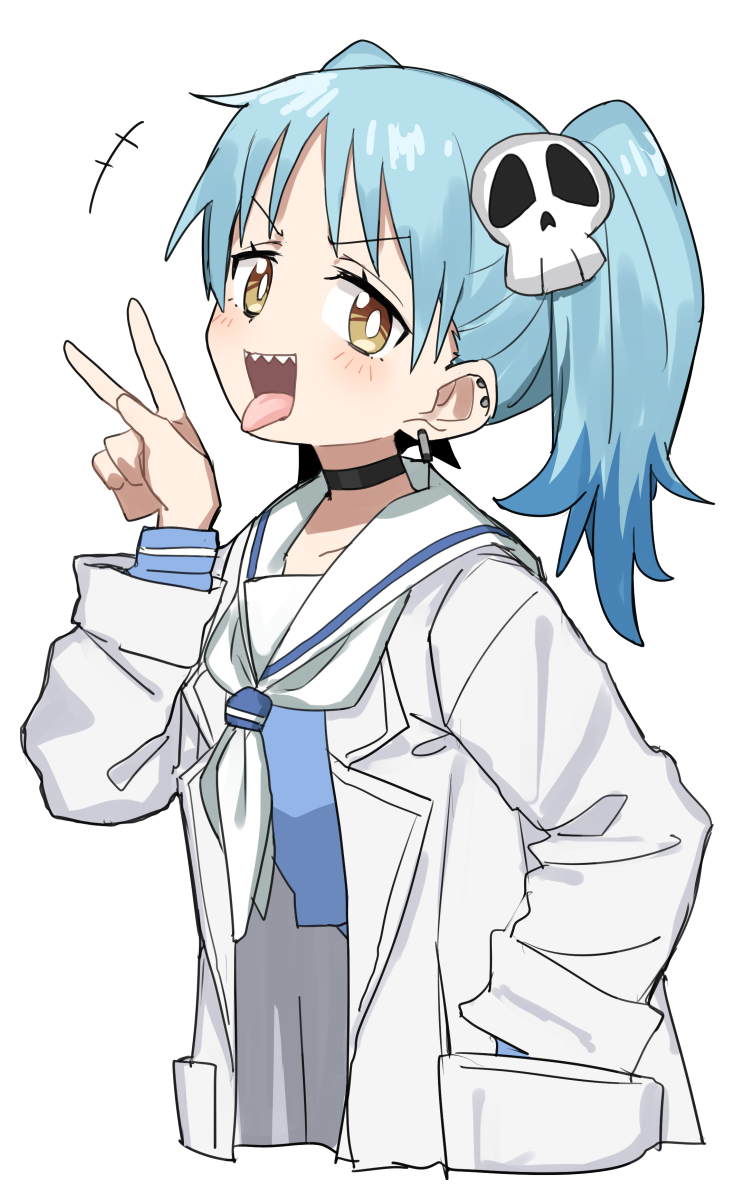 1girl black_choker blue_hair blue_shirt blush choker fangs gazacy_(dai) hair_ornament hand_in_pocket hand_up highres izutsumi_marin jacket long_hair long_sleeves looking_at_viewer ninja_to_koroshiya_no_futarigurashi sailor_collar shirt simple_background skull_hair_ornament smile tongue tongue_out twintails upper_body v white_background white_jacket yellow_eyes