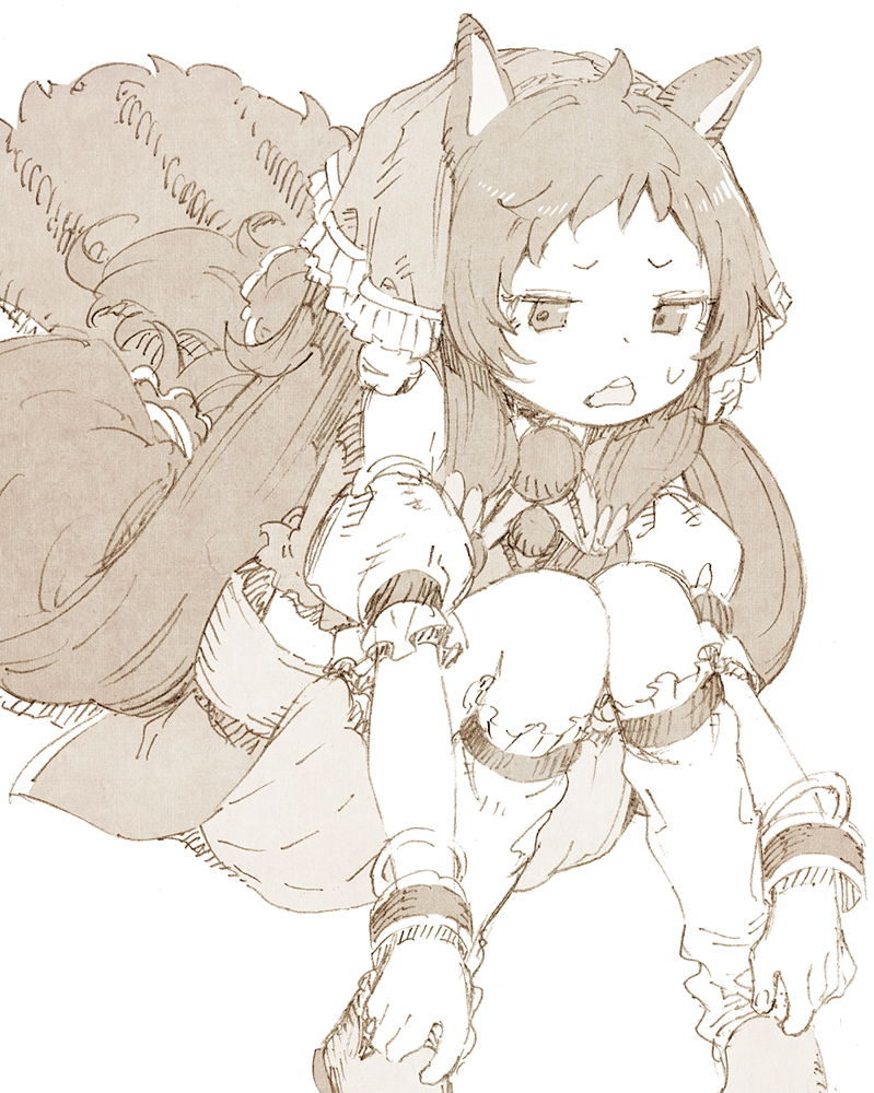 1girl abara_heiki acorn animal_ears bloomers long_hair low-tied_long_hair monochrome open_mouth princess_connect! rin_(princess_connect!) simple_background sitting solo squirrel_ears squirrel_girl sweat teeth underwear upper_body upper_teeth_only very_long_hair white_background