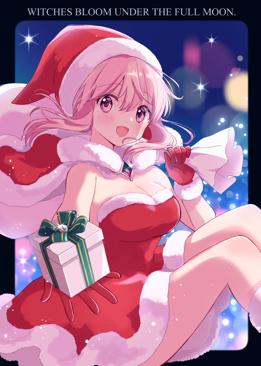 1girl black_border blonde_hair border breasts capelet cleavage commentary_request copyright_name dress feet_out_of_frame floating from_side fur-trimmed_capelet fur-trimmed_dress fur-trimmed_gloves fur-trimmed_headwear fur_trim gift giving gloves hara_yui hat highres holding holding_gift holding_sack large_breasts light_blush looking_at_viewer majo_wa_mangetsu_ni_saku minato_shima open_mouth outside_border pink_eyes red_capelet red_dress red_gloves red_hat sack santa_capelet santa_costume santa_dress santa_hat smile solo strapless strapless_dress