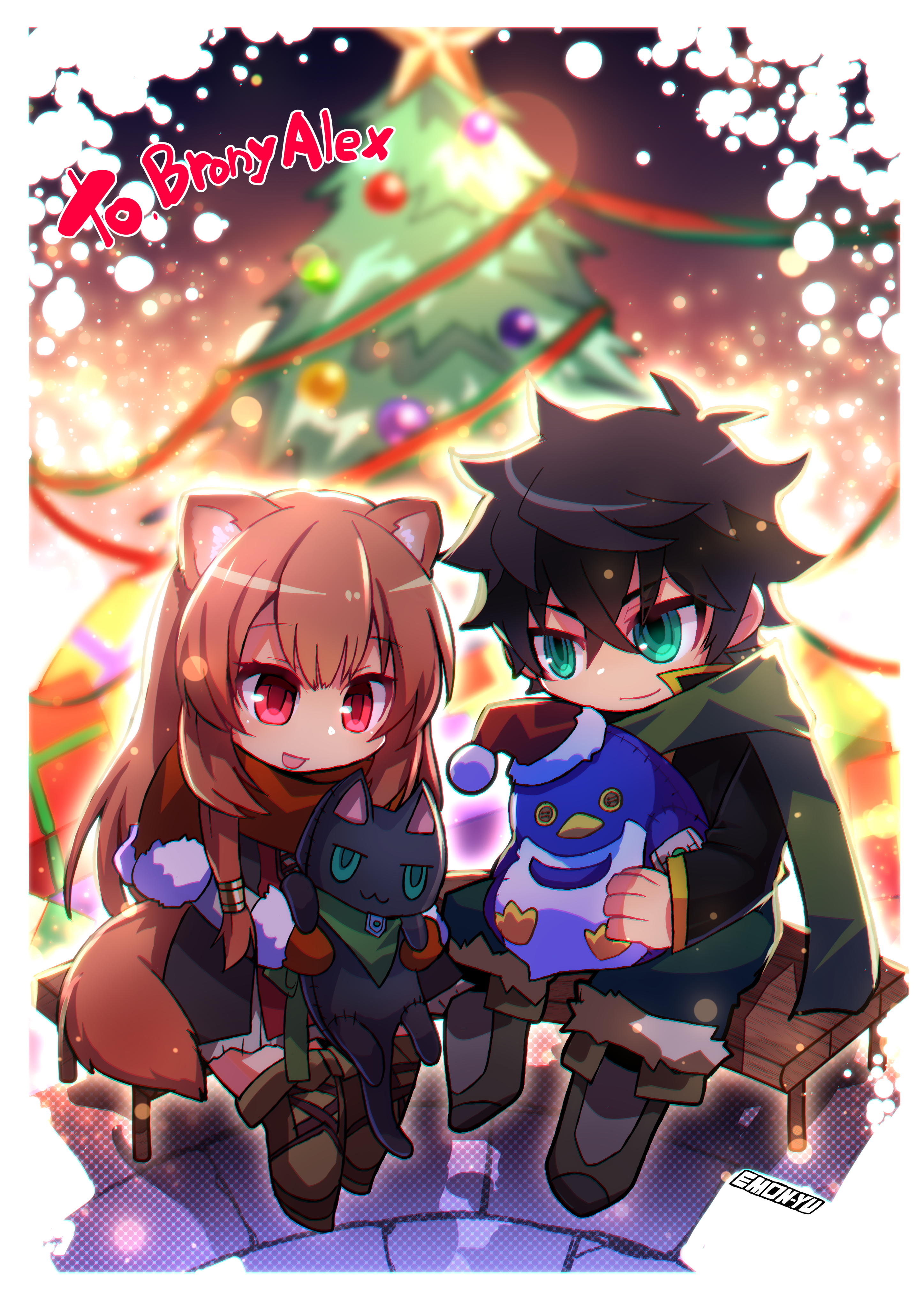 1boy 1girl :d absurdres adapted_costume animal_ear_fluff animal_ears artist_name bird black_dress black_hair black_shirt boots border brown_boots brown_hair cape cat christmas christmas_tree closed_mouth commentary commission commissioner_name double-parted_bangs dress emon-yu english_commentary eyelashes full_body fur-trimmed_boots fur-trimmed_gloves fur_trim gift gloves gold_trim green_cape green_eyes green_pants high_collar highres holding holding_stuffed_toy iwatani_naofumi layered_dress long_sleeves looking_at_object messy_hair night on_bench open_mouth orange_gloves orange_scarf outdoors pants penguin raccoon_ears raccoon_girl raccoon_tail raphtalia red_dress red_eyes scarf second-party_source shirt short_dress short_hair signature sitting skeb_commission smile stuffed_animal stuffed_cat stuffed_penguin stuffed_toy tail tate_no_yuusha_no_nariagari thigh_boots two-tone_dress white_border white_dress
