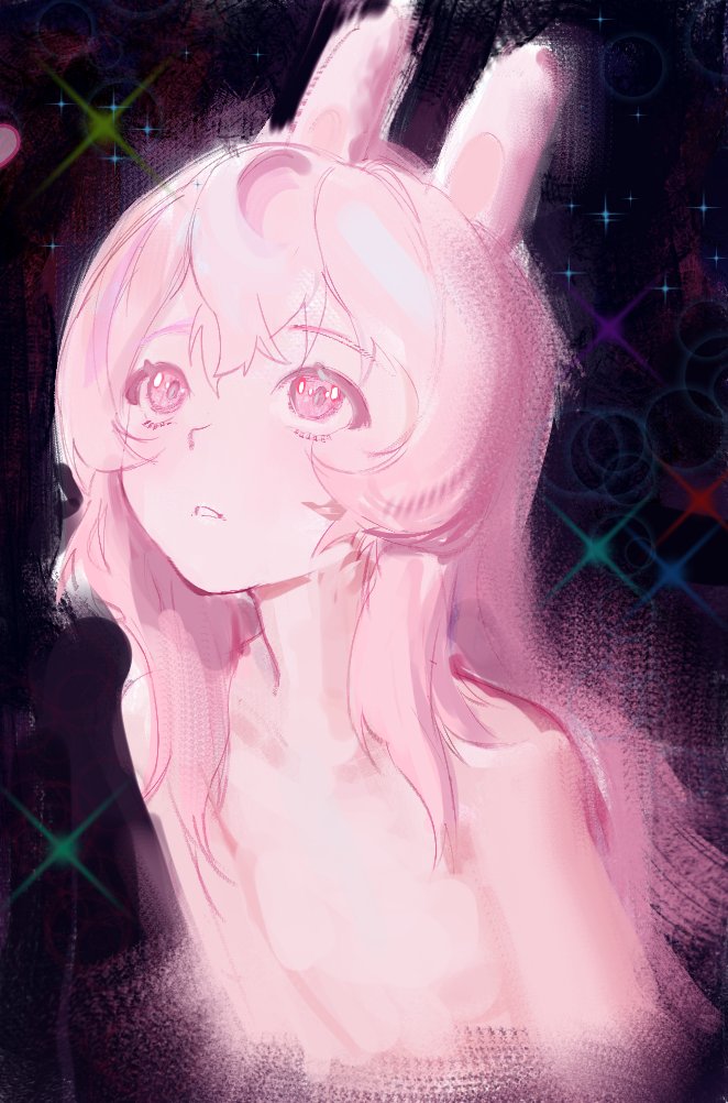 1girl animal_ears blush colored_skin commentary cursedweeboo english_commentary flat_chest glowing long_hair looking_up phase_connect pink_eyes pink_hair pink_skin pipkin_pippa rabbit_ears rabbit_girl solo sparkle virtual_youtuber
