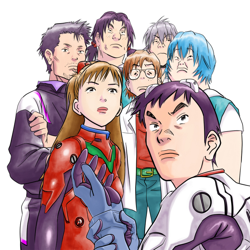 20th_century_boys 3girls 4boys aida_kensuke ayanami_rei blue_hair brown_hair commentary cosplay endou_kenji freckles fukubei glasses horaki_hikari ikari_shinji interface_headset_(evangelion) kinkuro kurou_(kinkuro) maruo maruo_(20th_century_boys) mecha_pilot_suit multiple_boys multiple_girls nagisa_kaworu neon_genesis_evangelion ochiai_chouji parody plugsuit_(evangelion) school_uniform setoguchi_yukiji shimon_masaaki souryuu_asuka_langley style_parody suzuhara_touji translation_request yoshitsune_(20th_century_boys)