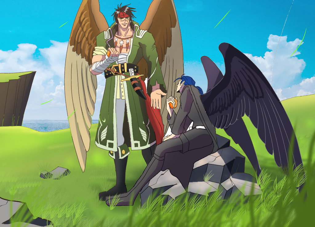 2boys bandaged_hand bandages bird_boy black_boots black_coat black_pants blue_hair blue_sky boots brown_hair cloud cloudy_sky coat commentary_request cross_scar feather_necklace feathered_wings fire_emblem fire_emblem:_radiant_dawn food fruit grass headband holding holding_food holding_fruit jewelry looking_at_another male_focus multiple_boys naesala1063 naesala_(fire_emblem) necklace nintendo on_rock pants ponytail red_headband scar scar_across_eye scar_on_face scar_on_nose sitting sky standing tibarn_(fire_emblem) white_pants wings