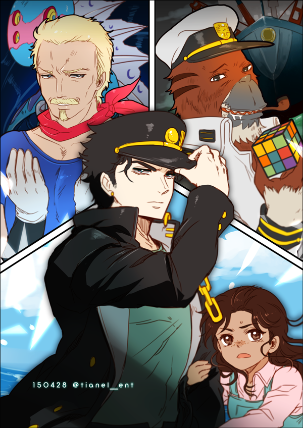 1girl 4boys ascot beard black_hair blonde_hair blue_eyes brown_hair captain_tennille cruise_ship dark_blue_moon epaulettes facial_hair forever_(jojo) hat jojo_no_kimyou_na_bouken male_focus military military_hat military_uniform multiple_boys mustache orangutan rubik&#039;s_cube runaway_girl_(jojo) stardust_crusaders tianel_ent
