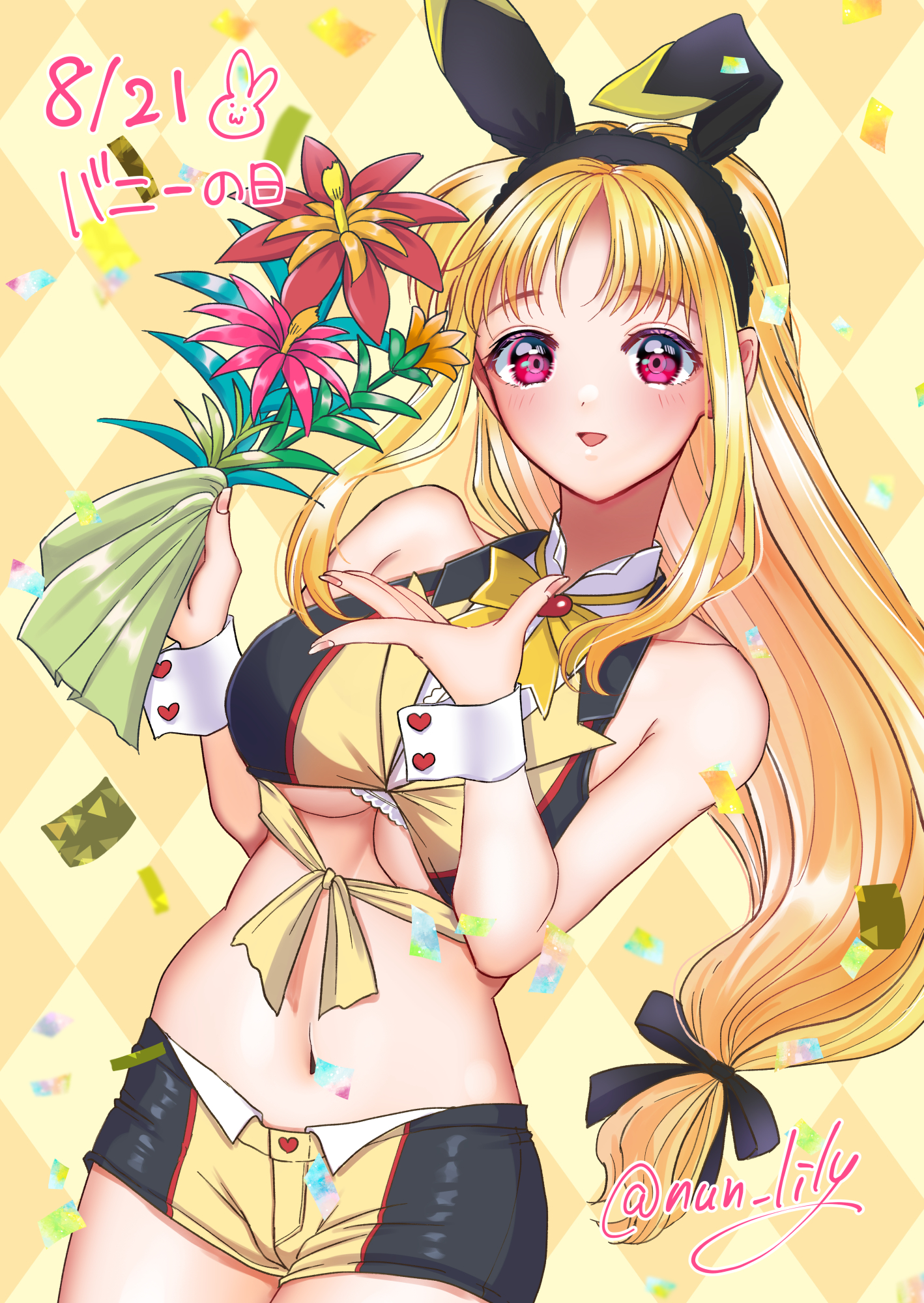 1girl animal_ears bare_shoulders blonde_hair bow breasts bunny_day don_quijote_(store) fake_animal_ears fate_testarossa flower highres holding holding_flower large_breasts long_hair low-tied_long_hair lyrical_nanoha lyrical_store mahou_shoujo_lyrical_nanoha_strikers midriff navel nun_(nun_lily) official_alternate_costume rabbit_ears red_eyes short_shorts shorts solo underboob wrist_cuffs yellow_background yellow_bow