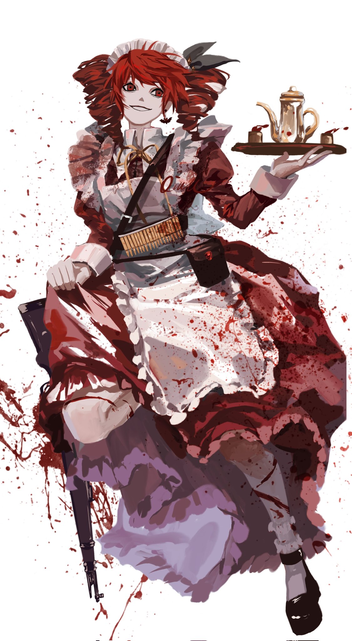 1girl alternate_costume apron black_bow black_hair blood bow collared_dress dress drill_hair flat_chest frilled_hairband frills full_body grin hair_bow hair_ribbon hairband highres kasane_teto kasane_teto_(sv) maid_headdress mary_janes plate qiu-k_(qiukkon) red_dress red_eyes red_hair ribbon shoes simple_background skirt_hold smile socks solo synthesizer_v tea_set teapot twin_drills utau white_apron white_background white_ribbon white_socks