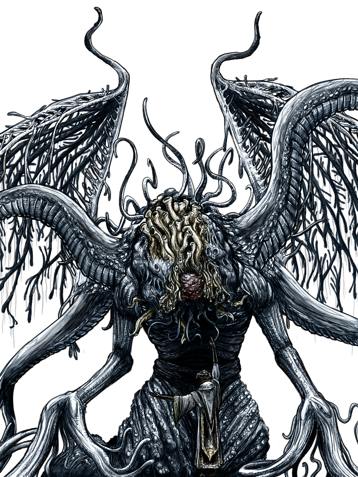 2others alien ambiguous_gender androgynous black_gloves bloodborne cloak ebrietas_daughter_of_the_cosmos eldritch_abomination extra_arms extra_eyes facing_another facing_away fantasy gloves goobber hat highres hunter_(bloodborne) make_contact_(gesture) monster multiple_others outstretched_arms robe simple_background size_difference skeletal_wings slug standing tentacles tricorne white_background white_robe wings