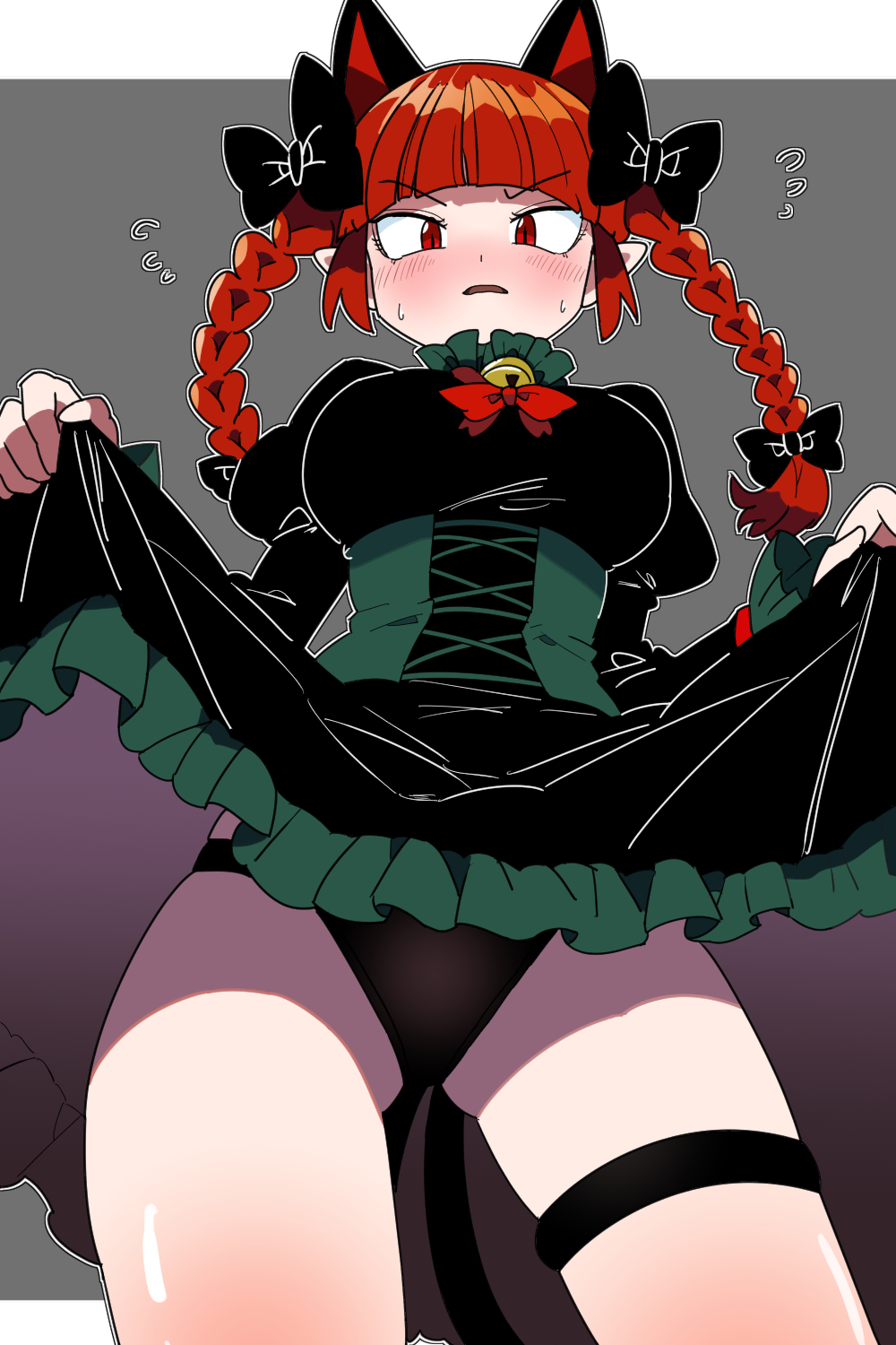 1girl animal_ears bell black_dress black_panties blush bollzzalguy braid breasts cat_ears cat_girl cat_tail clothes_lift dress frills grey_background highres kaenbyou_rin long_hair long_sleeves looking_at_viewer looking_down medium_breasts neck_bell panties pointy_ears red_eyes red_hair ribbon skirt skirt_lift solo tail thigh_strap touhou twin_braids underwear