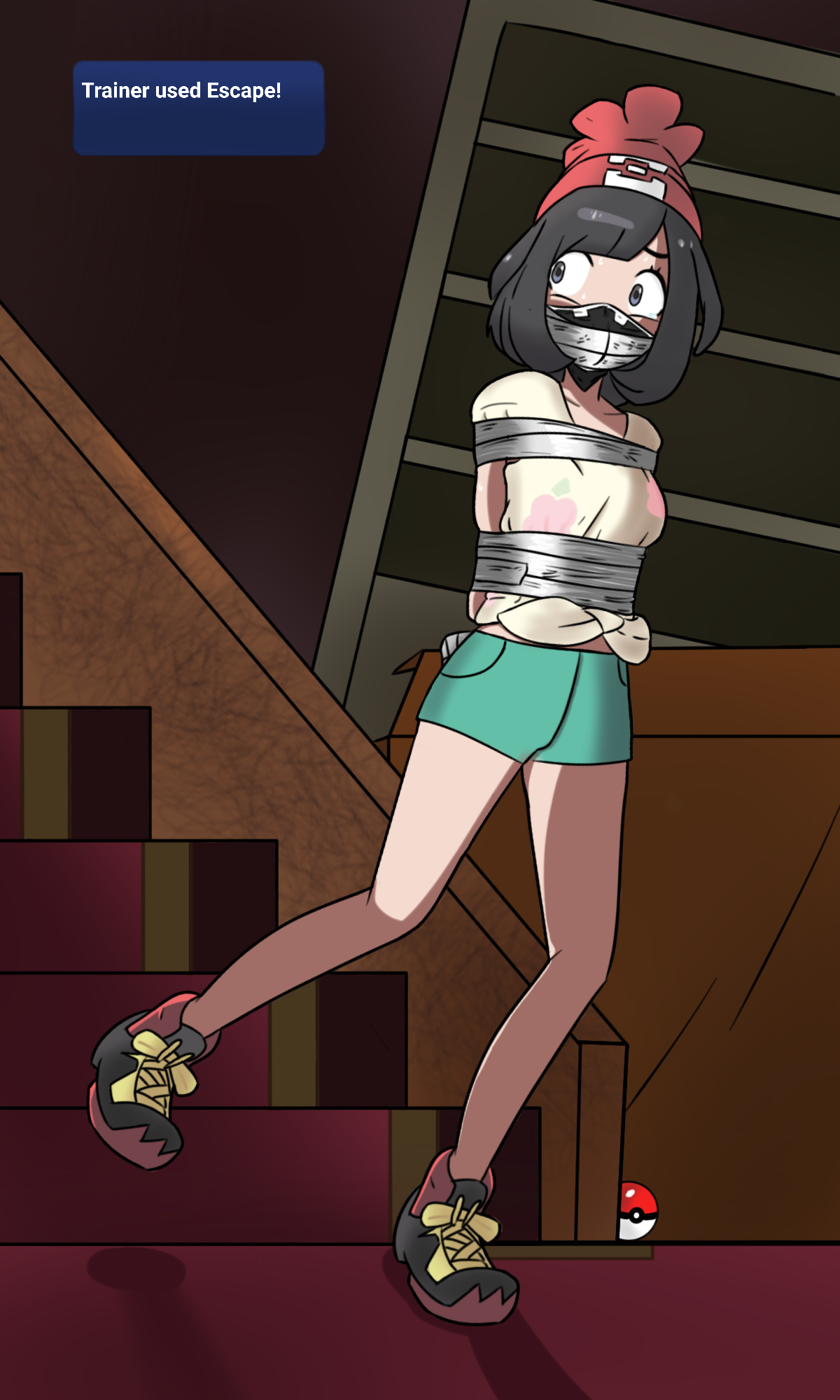 1girl arms_behind_back autotaped bdsm belly bondage bound cloth_gag collarbone female_focus fleeing gag gagged highres improvised_gag kidnapped midriff original selene_(pokemon) solo tape tape_bondage tape_gag taped_arms taped_fingers taped_hands
