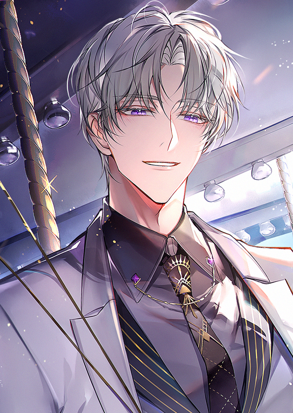 1boy black_necktie carousel charlie_su chinese_commentary collar_chain_(jewelry) collared_shirt curtained_hair day formal_clothes grey_hair jacket lapels light_and_night_love light_particles looking_at_viewer male_focus necktie notched_lapels open_clothes open_jacket parted_bangs parted_lips portrait print_necktie purple_eyes purple_shirt s_(olath) shirt short_hair smile solo suit suit_jacket vest white_jacket white_suit white_vest