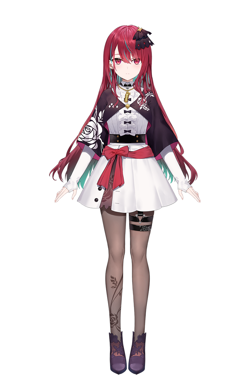 1girl amagasa_yun black_pantyhose colored_inner_hair dress full_body green_hair hair_between_eyes hair_ornament highres long_hair looking_at_viewer mixstgirls multicolored_hair official_art pantyhose purple_shoes red_eyes red_hair shoes simple_background solo sorakana_ito standing streaked_hair tachi-e transparent_background virtual_youtuber