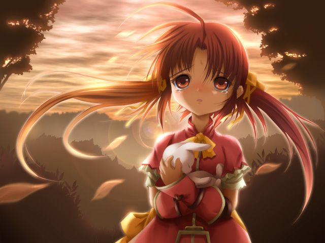 1girl artist_request character_request commentary_request copyright_request dress gloves hair_ornament hair_ribbon long_hair looking_at_viewer mountain non-web_source pink_hair rabbit ribbon solo source_request sunset tearing_up tree twintails