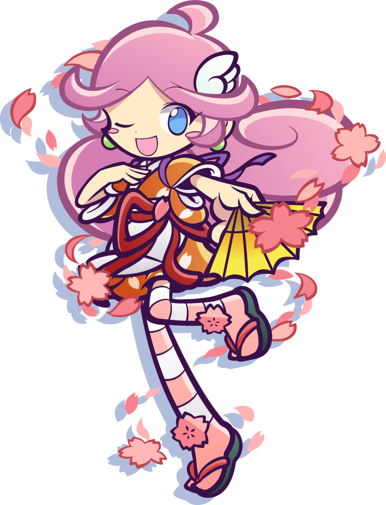 1girl ;d aerokinesis ahoge ankle_flower blonde_hair blue_eyes blush_stickers cherry_blossoms curly_hair deformed dot_nose drop_shadow earrings falling_petals flipped_bangs florakinesis flower full_body hand_fan hand_on_own_chest happy holding holding_fan japanese_clothes jewelry kimono knee_up long_hair looking_to_the_side middle_part no_pupils official_style one_eye_closed open_mouth orange_kimono outstretched_arm paper_fan petals pimyuhuwa pink_flower pink_hair pink_petals pink_thighhighs puyopuyo puyopuyo_quest raffina_(puyopuyo) raffina_(sakura)_(puyopuyo) red_ribbon ribbon sandals short_kimono short_sleeves sideways_glance simple_background smile solo standing standing_on_one_leg striped_clothes striped_thighhighs tasuki thighhighs tiptoes transparent_background very_long_hair waist_ribbon white_thighhighs wind